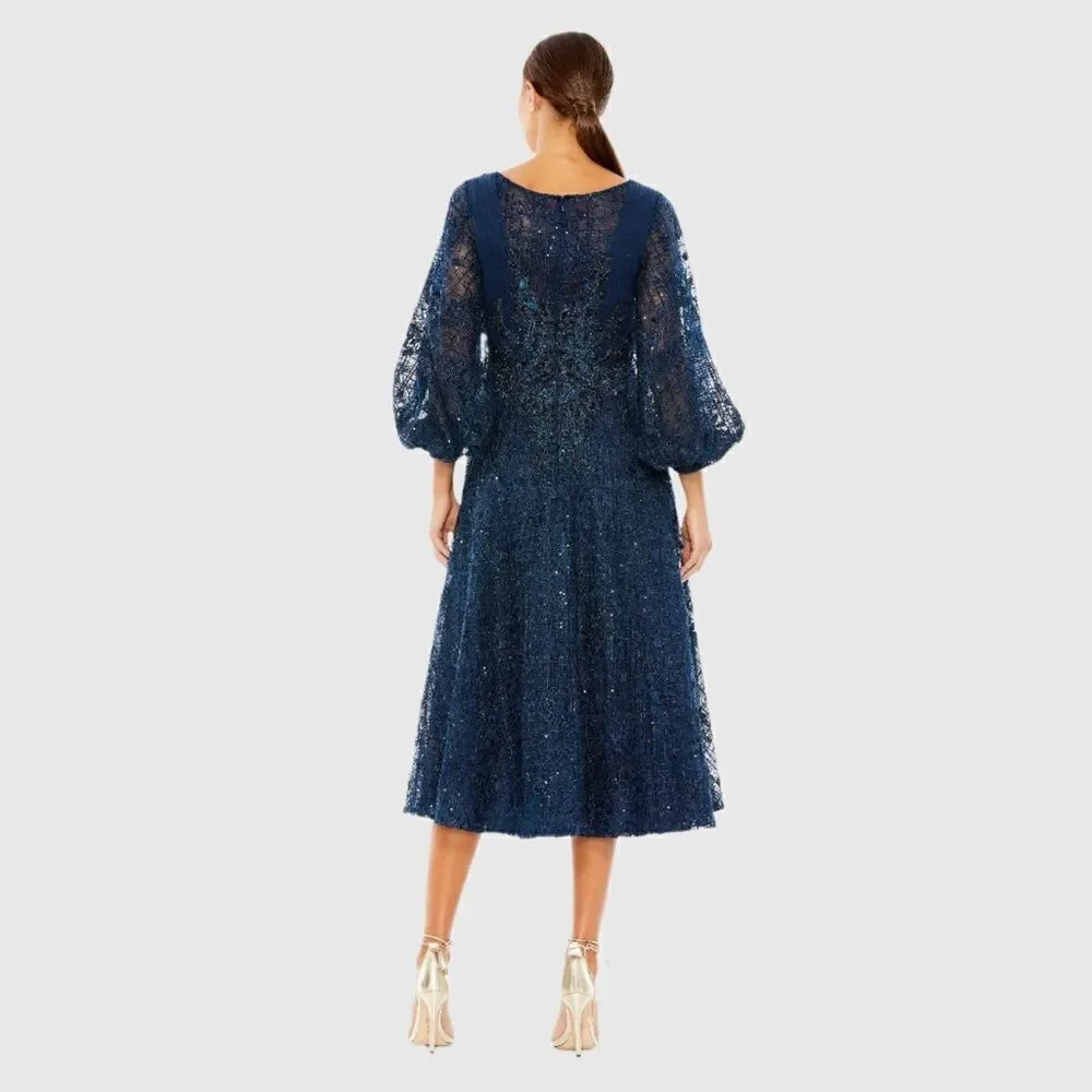MAC DUGGAL 20391 Womens Blue Embellished Plunge Neck Bishop Sleeve Midi Dress